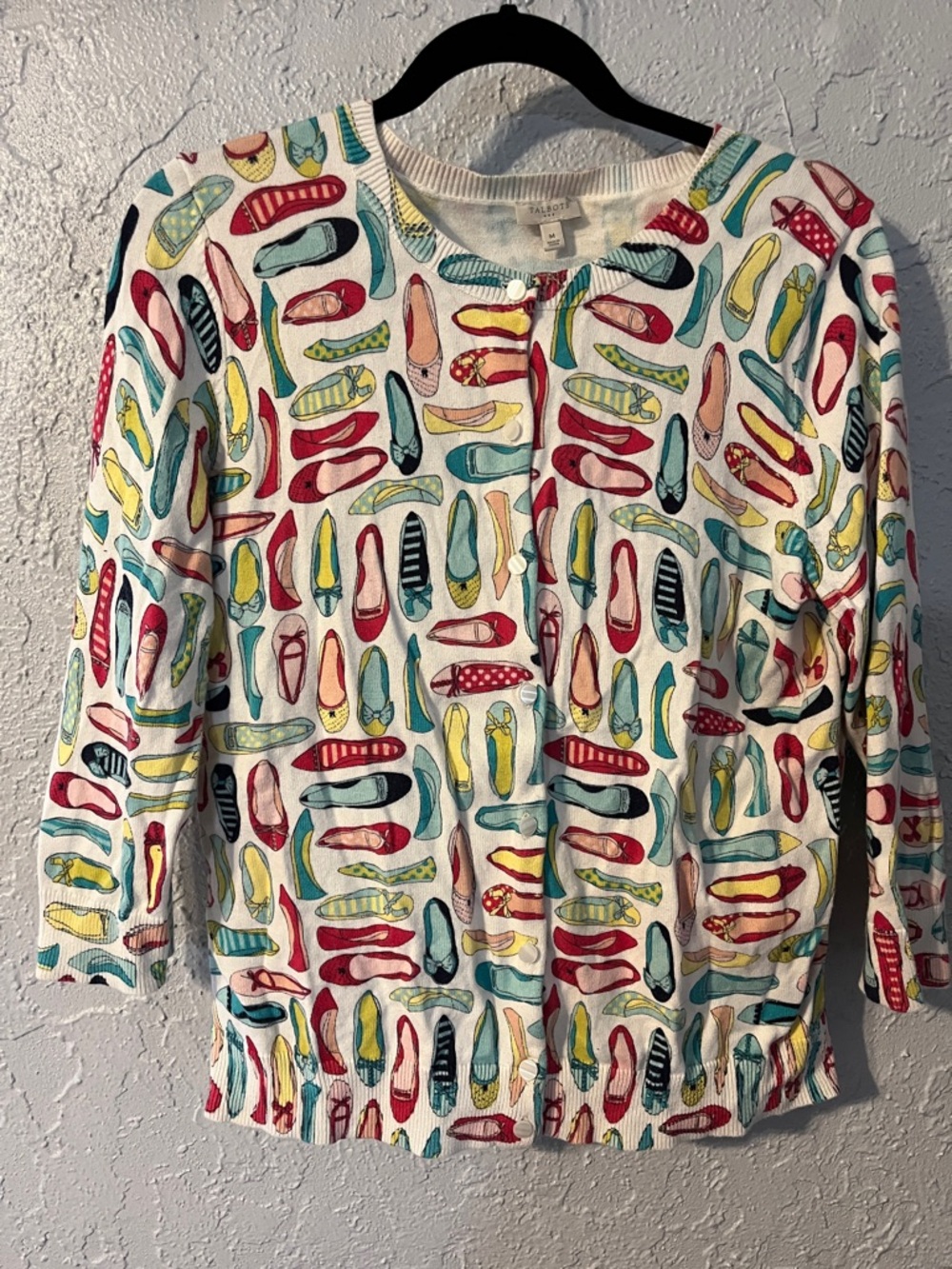 Talbots Cardigan with Vintage Inspired Colorful Ballet Flat Print